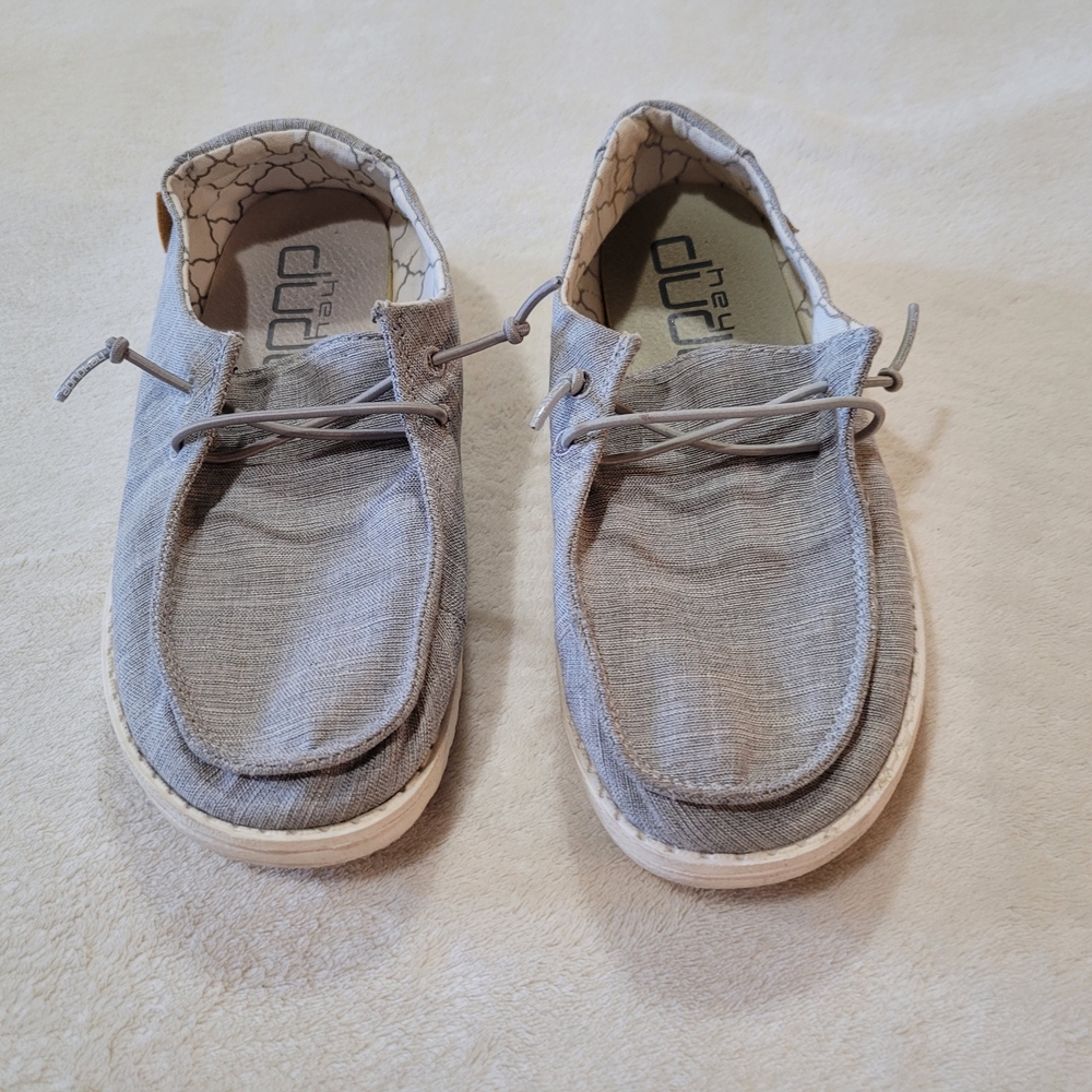 Hey Dude Unisex Kids Girls Wendy Shoes Youth Size Y2 -Linen Grey Slip On